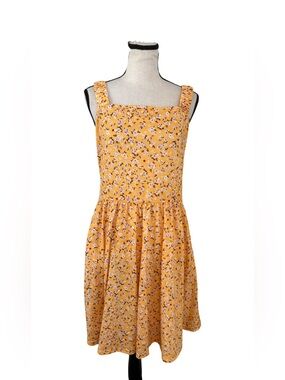 HUHOT Yellow Floral Mini Dress Large Square Neck Sundress Pockets Stretch